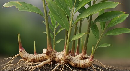 Close-up of Galangal Rhizomes with Green Shoots and Roots.