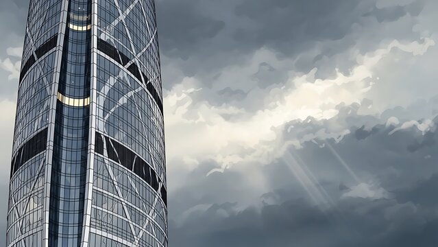 Dynamic architectural marvel of a modern skyscraper reaching towards a dramatic, light-streaked sky, embodying urban innovation and sophisticated design - Powered by Adobe