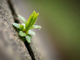 Resilient seedling pushes through the weathered stone with dewdrops