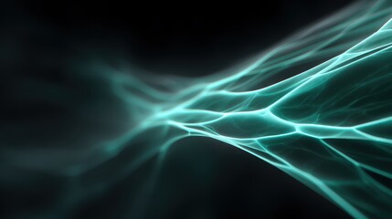 Abstract glowing lines of light creating a dynamic and energetic background with a sense of motion and depth in teal tones and dark backdrop