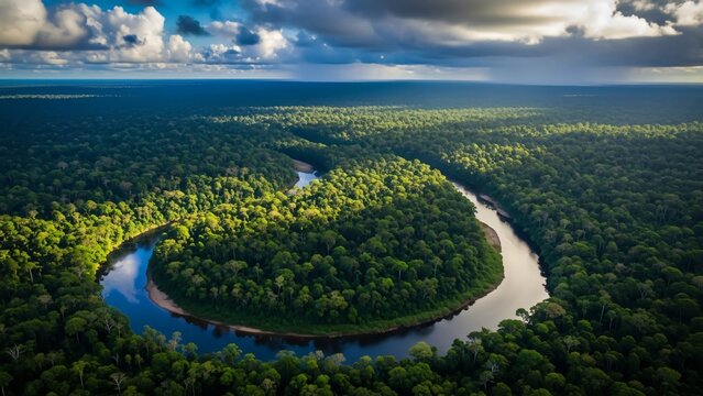 Amazon Rainforest Aerial View Lush Green River Bend Tropical Jungle Ecosystem Photography