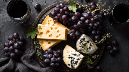 Cheese and grapes on a wooden board with wine glasses