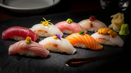 Beautiful and colorful nigiri sushi on a dark surface, perfect for food blogs, menus, and culinary design projects. Vibrant and appetizing design concept.