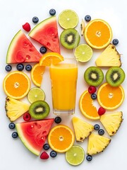 Vibrant assortment of tropical fruits with refreshing beverage composition