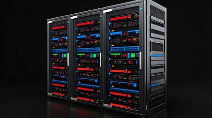 Three Black Server Racks with Illuminated Internal Components