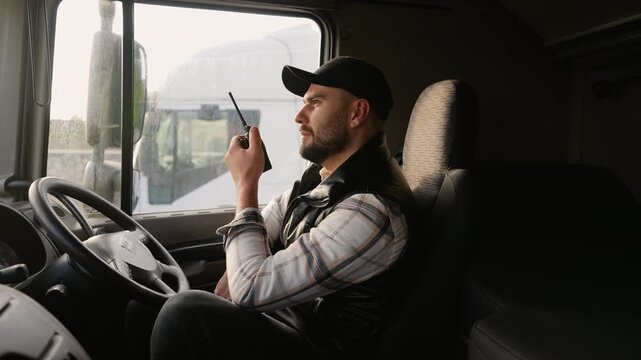 Truck driver communicating using a cb radio in right hand drive car