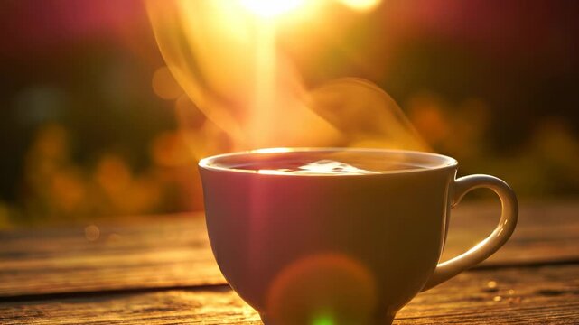A white cup of steaming coffee sits on a wooden table, with sunlight casting a warm glow over the scene. The coffee cup emits steam, creating an inviting atmosphere filled with warmth.