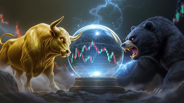 Golden bull and black bear face off around a glowing crystal orb that displays candlestick market charts with electric lightning effects and a moody background. The composition conveys financial volat