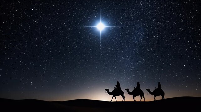 Three wise men ride camels across desert following a bright guiding star in the night sky