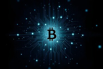 Bitcoin symbol illuminated by radiating circuit board pattern on dark background