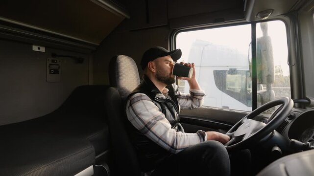 Truck driver drinking coffee in cabin before driving
