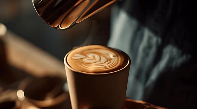 Close-up of a barista expertly pouring steamed milk to create a rosetta leaf pattern in a coffee cup, highlighted by dramatic morning light