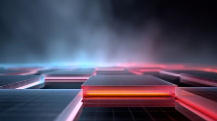 Abstract futuristic background of glowing rectangles illuminated in vibrant red and blue tones with a modern digital design aesthetic