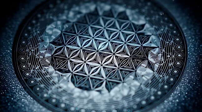 A dramatically lit macro view of an intricately etched Flower of Life pattern glowing on a futuristic metallic disc with a shimmering surface