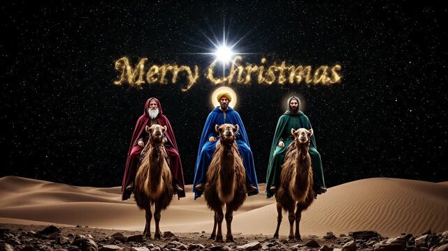 Magi on camels in the desert follow a Christmas star.