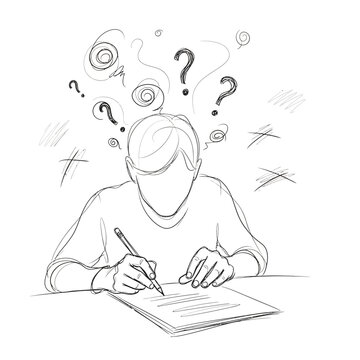 Person writing with question marks and doodles above head, concept of thinking, confusion, or writer's block.