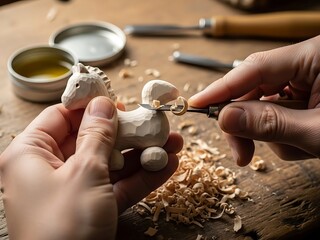 Artisan carves a whimsical toy horse, demonstrating woodworking skills