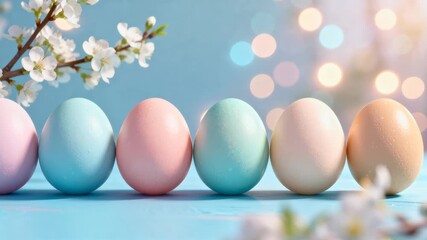 Pastel eggs rest on a blue surface with soft bokeh lights and a spring blossom branch, with available copyspace for text and layout use in seasonal marketing and design applications