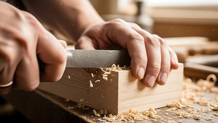 Carpenter's meticulous handcrafting with rasp, creating wooden masterpiece
