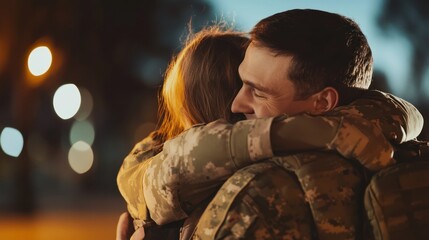 Soldier hugs person outside at night close up embrace affection warmth