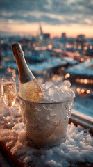 A chilled bottle of champagne rests in a clear ice bucket on a snow-dusted balcony railing, with a blurred backdrop of a city skyline.