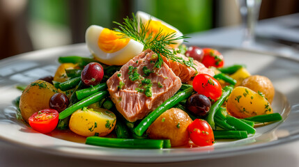 French Ni&ccedil;oise salad plated on white dish, featuring seared tuna, soft-boiled eggs, fresh green beans, baby potatoes, cherry tomatoes, and olives.
