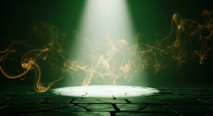 Mystical platform illuminated by spotlight amidst ethereal smoke swirls