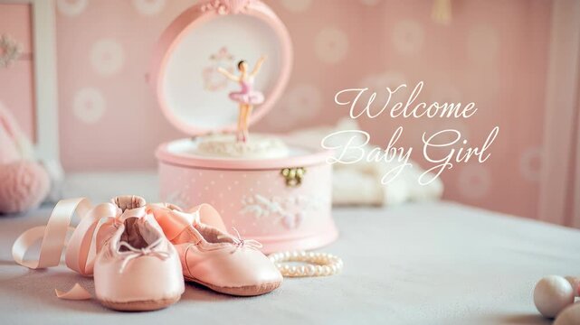 Baby shoes and a vintage music box sit on a soft pastel pink surface with a pearl necklace and a blurred background, leaving clear empty space on the right for copy and text placement for birth announ