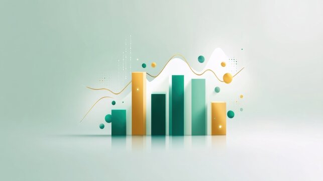 Abstract modern financial infographic with colorful bar chart and dynamic wave design on a light green background showcasing data visualization concepts - Powered by Adobe