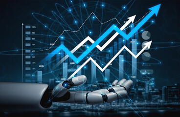 A futuristic robotic hand interacts with dynamic graphs and arrows that signal significant growth and progress in a modern technological environment. Scalp