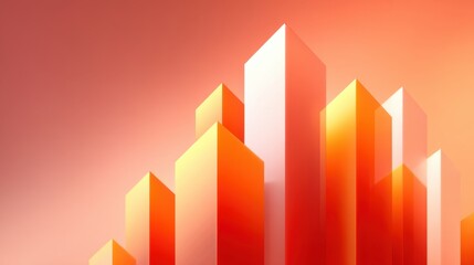 Abstract geometric structures on a vibrant orange gradient background with tall buildings creating a modern urban atmosphere and energy display