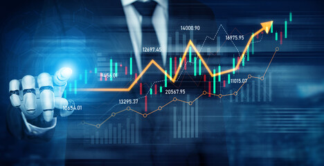 A businessman interacts with advanced touchscreen technology to analyze stock market trends, showcasing growing graphs and data charts in a digital finance environment. Scalp