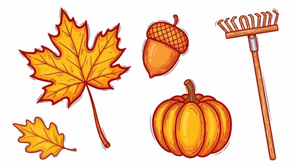 Autumn elements set with maple leaves acorn pumpkin and rake. © MR.HAY
