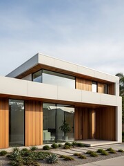 Modern residence facade featuring wood cladding, glass, and elegant landscaping