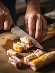 Precise cutting of cured pork belly creating delectable culinary squares
