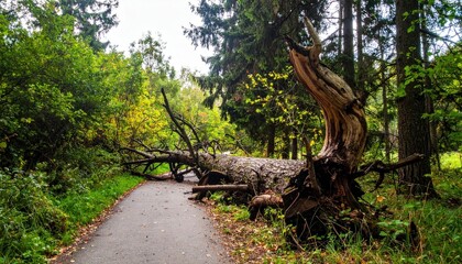 Obraz premium Fallen Tree Blocking a Paved Path in a Lush Green Forest After a Storm.