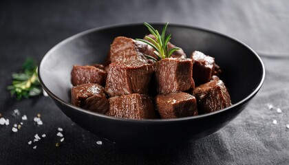 culinary cubes a close up shot of tender seasoned beef cubes elegantly arranged in a dark bowl promising a gourmet dining experience