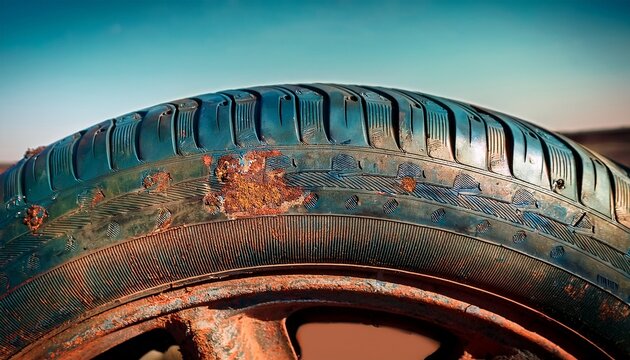 weathered wheel of time an evocative up close shot of a tire showcases its history with peeling paint rust and a rubber against a subtle backdrop