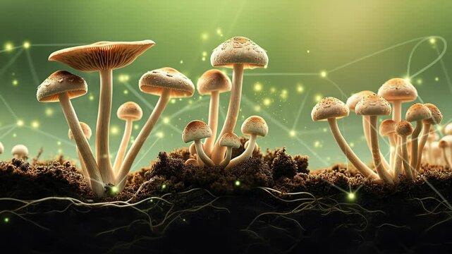 Mushrooms sprout from rich soil under soft green light with delicate hyphae and glowing spore-like particles, forming a magical natural scene with blurred background and available space for text and d