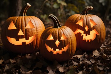 Three jack o'lanterns illuminate a pile of fall leaves