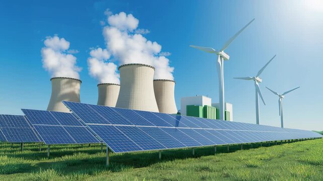 Solar panels and wind turbines stand in a grassy field beside industrial cooling towers under a clear blue sky, combining renewable and conventional energy elements with open sky area available for te