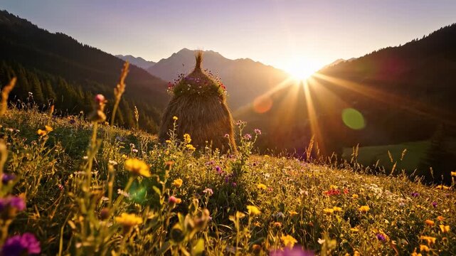 A picturesque landscape features a haystack surrounded by vibrant wildflowers and a setting sun in the background. The haystack and wildflowers create a serene scene in nature.