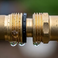 Water drips from brass pipe joint connection with black rubber seal