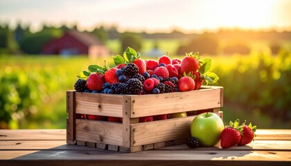 Fresh Berries Crate Farm Sunset.