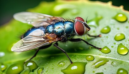 macro close up of common housefly resting on fresh green leaf with water droplets