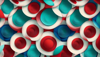 seamless 3d rendered textile pattern design featuring red blue white and green circles