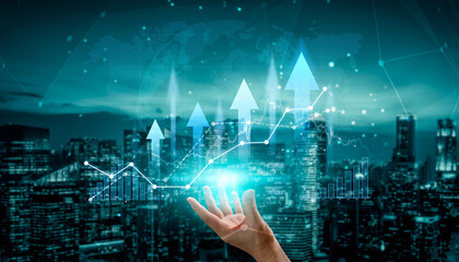 Digital visualization of growth in business showcased by hands elevating graphs and arrows against a modern cityscape, highlighting financial success and innovation. Scalp