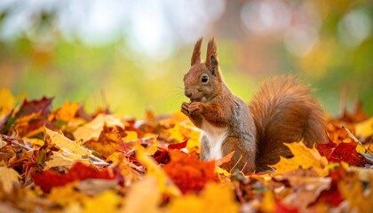 Squirrel eating on autumn leaves.