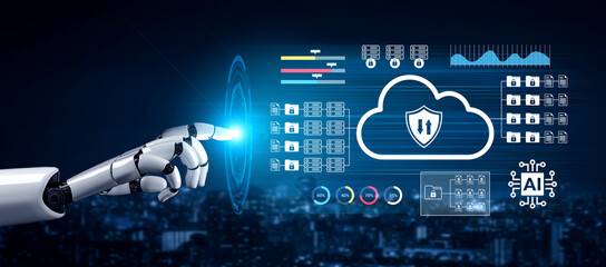 A robotic hand reaches out to a cloud icon, highlighting the intersection of artificial intelligence, data management, and cybersecurity in a modern digital landscape. Gantry