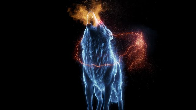 Wolf howls with neon blue fur while orange embers burst from its open mouth. Glowing electric lines outline the body against a deep black background. Intense contrast and motion create a powerful myst